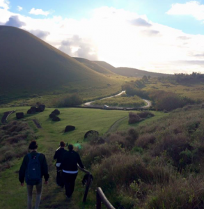 Students take a hike on Easter Island.