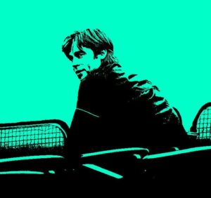 brad pitt in moneyball poster - duo tone image in black and teal