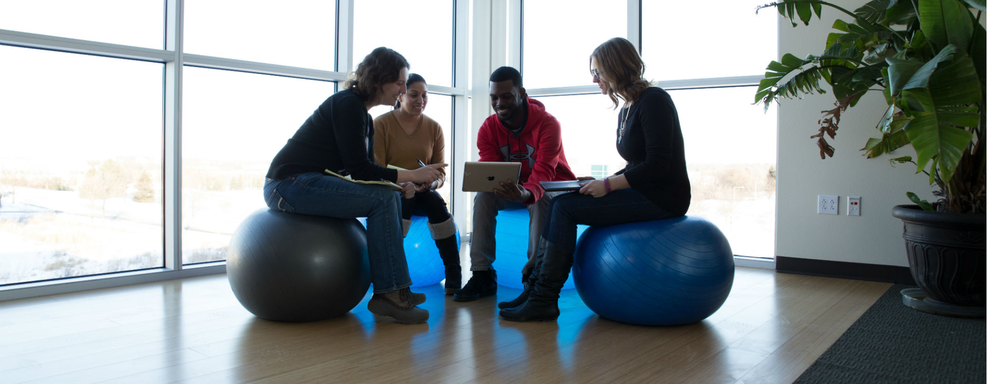 Four people in a circle sitting on blue fitness balls.