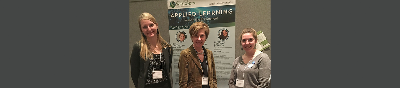 A photo of Kristi Heintz, Deidre Schwartz, and Sarah Voska at the 2018 National Center for Science Education conference.