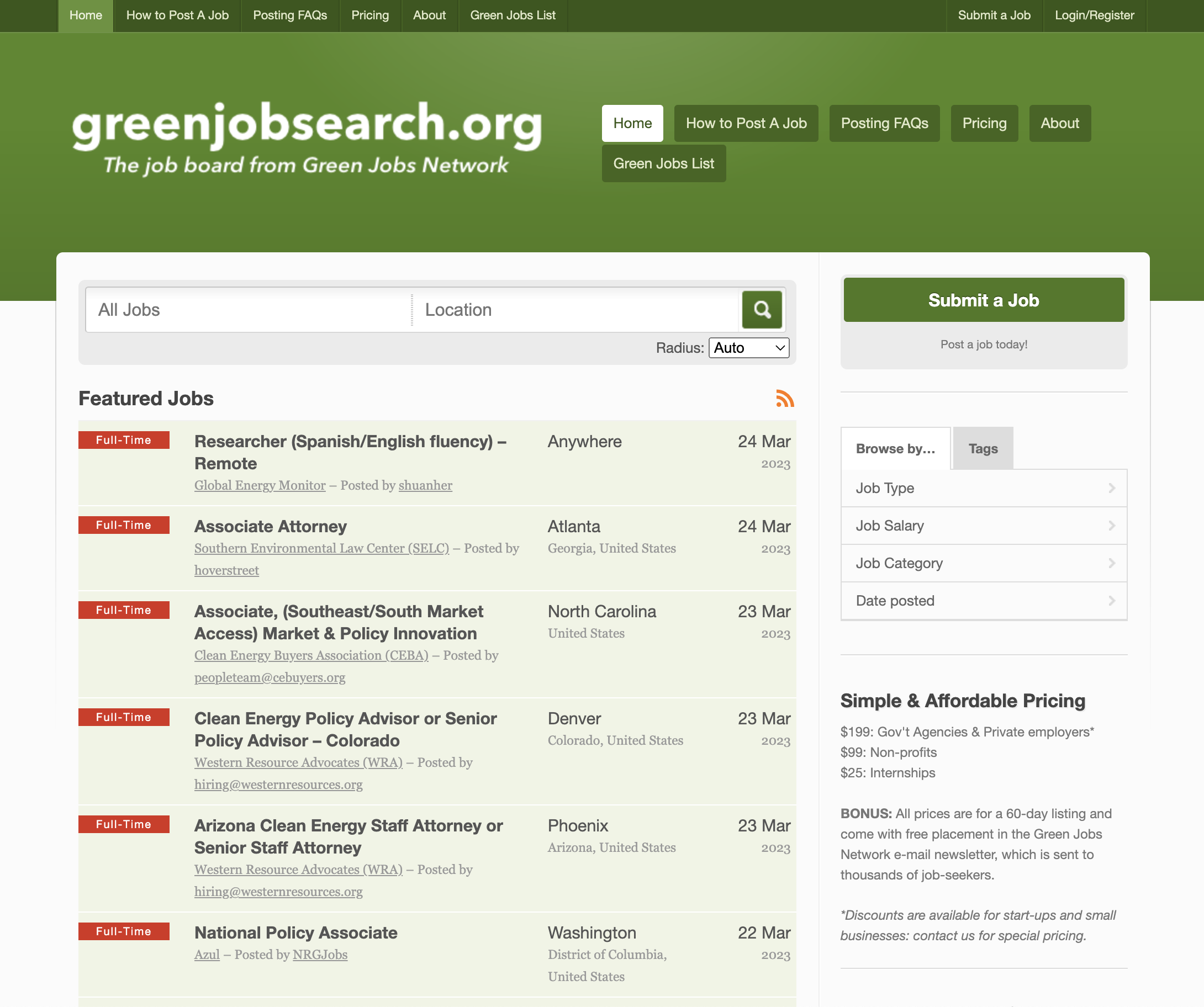 A screenshot of the Green Jobs Network homepage.