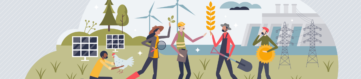 An illustration of people working in various green jobs with wind turbines and solar panels in the background.