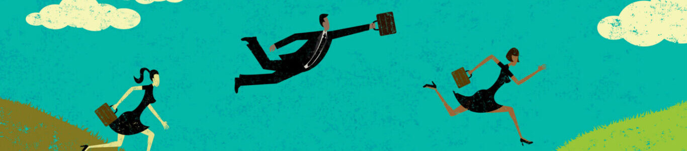 An illustration of three people in business attire who are holding suitcases and jumping between two cliffs.