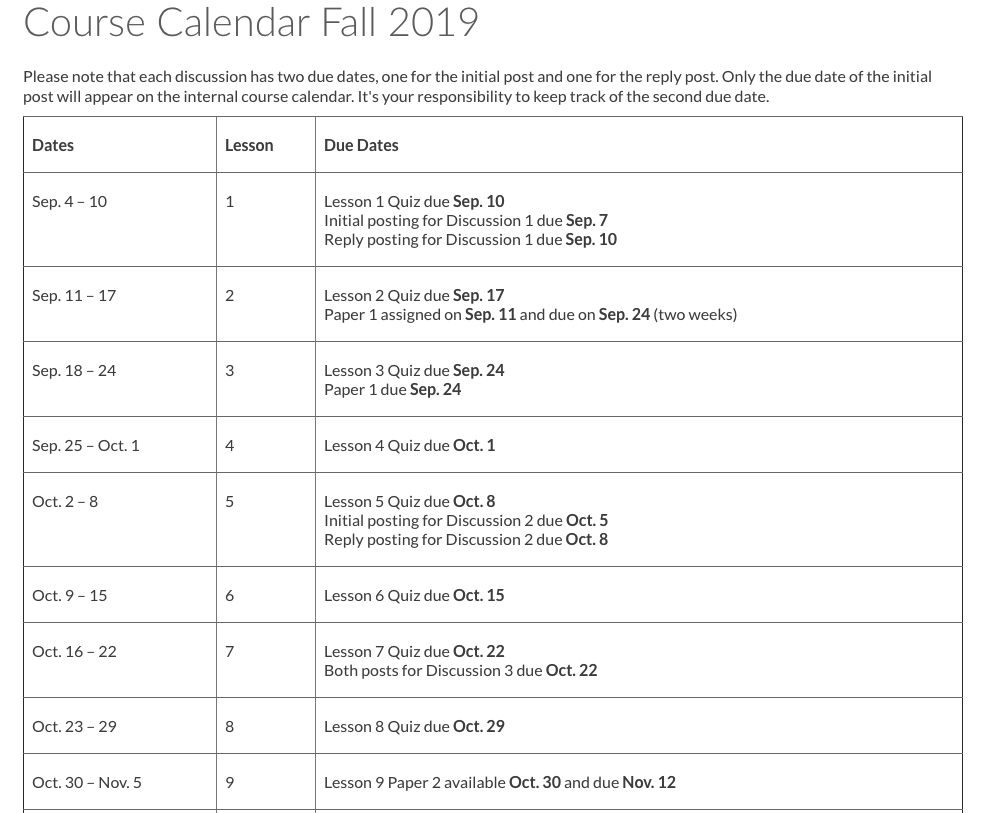 A course calendar for the SMGT 305: Climate Change and Sustainability course.
