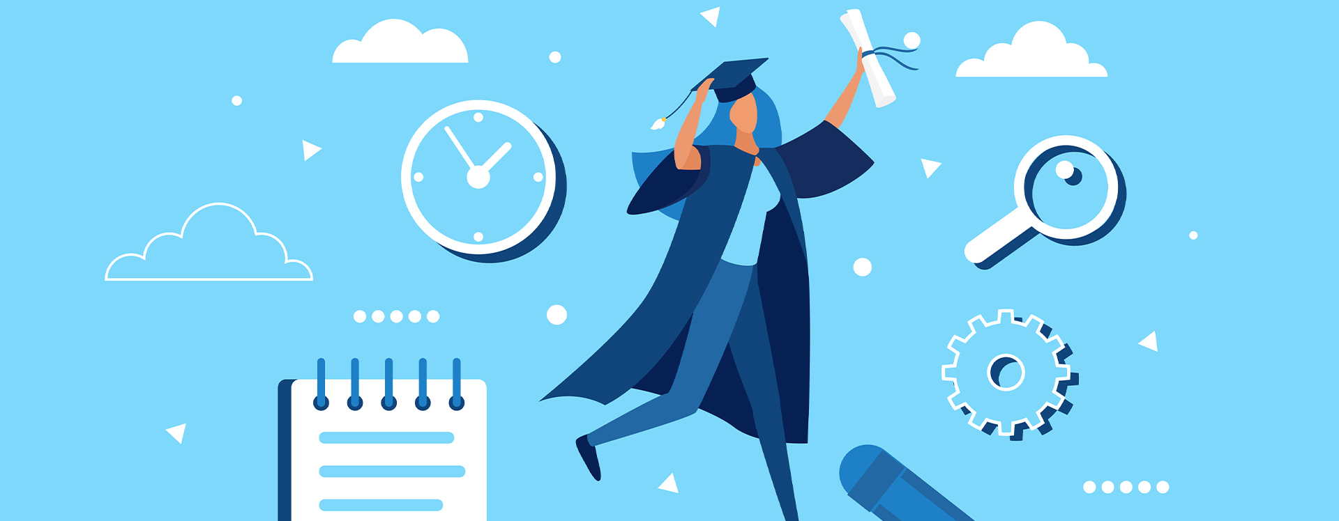 Visual with a animated woman in cap and gown