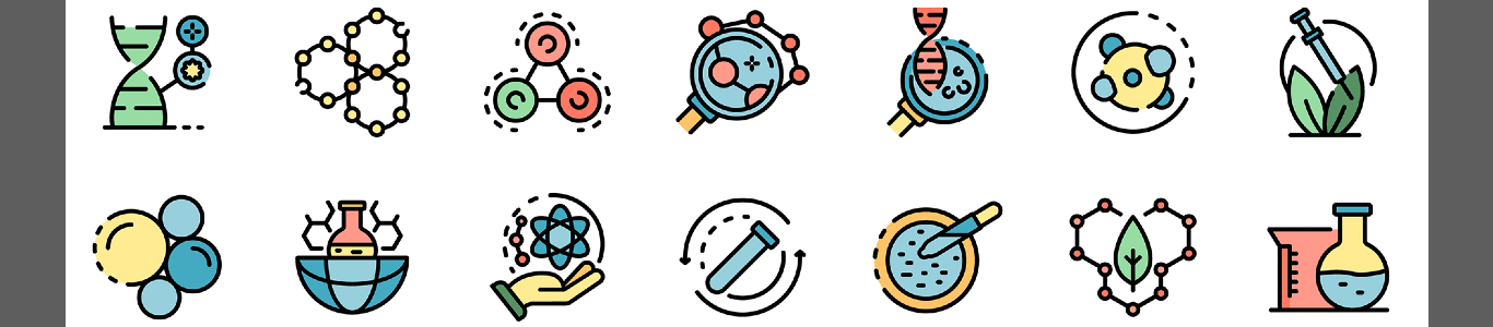 Various biotechnology icons, including microscopes, vials, and petri dishes.