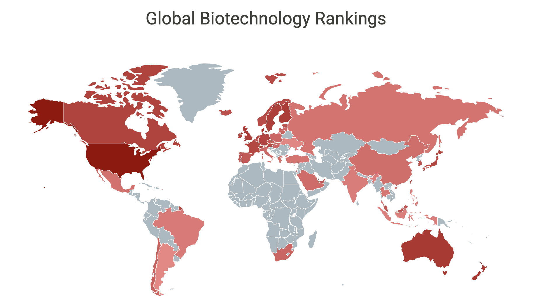 World map that shows global biotechnology ranking based by country.
