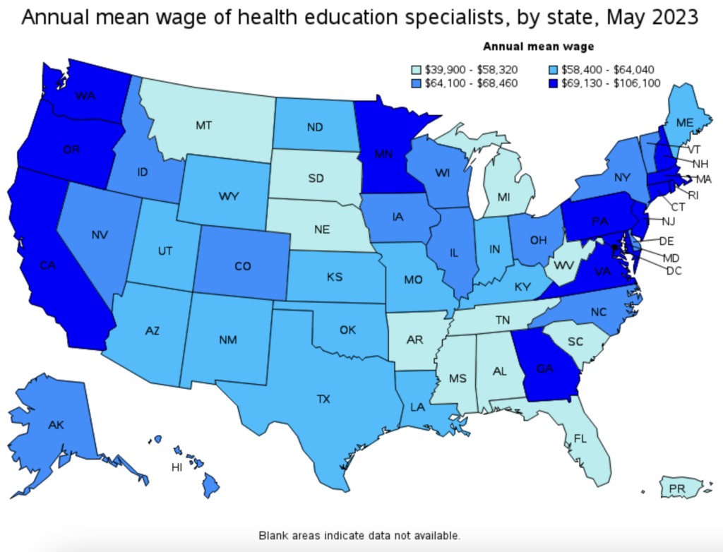 Annual mean wage of health education specialists, by state.