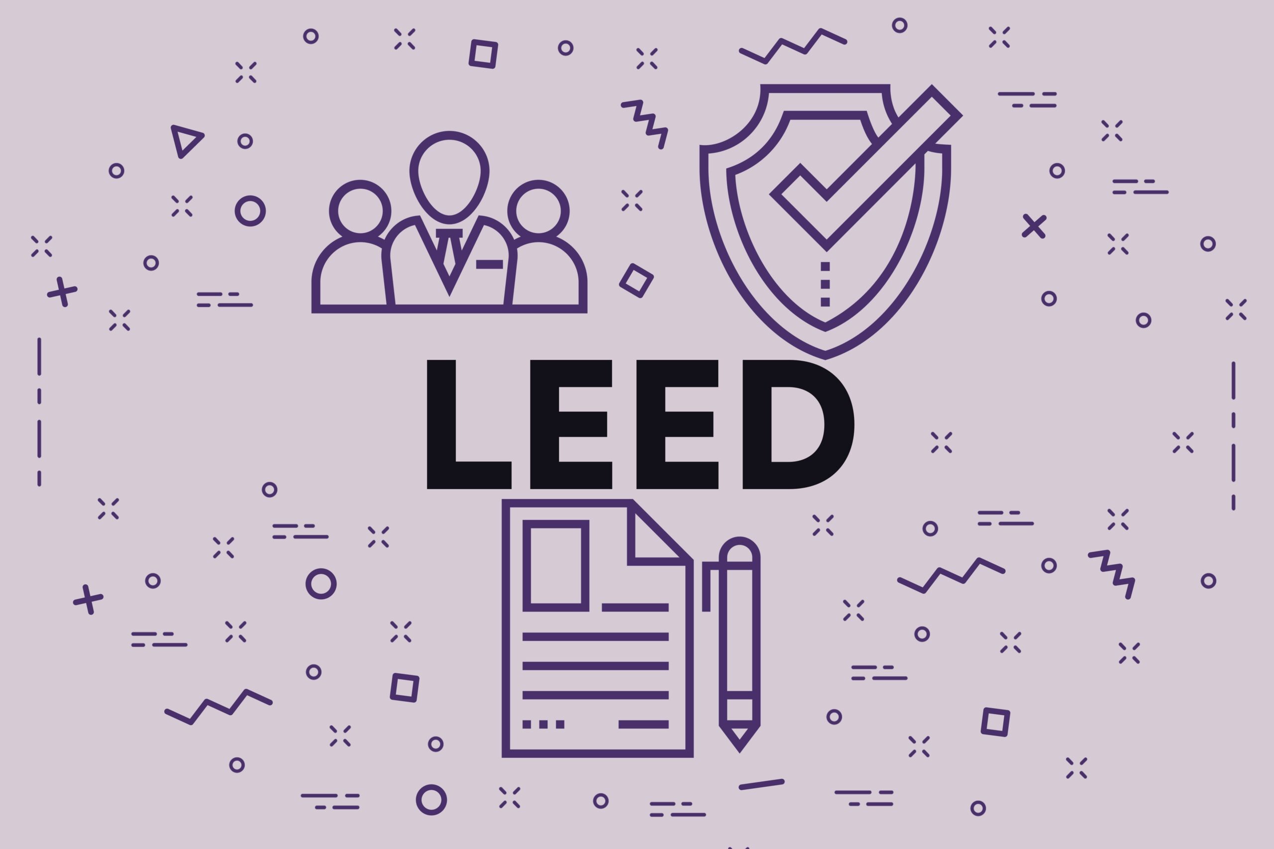 Light purple graphic with "LEED" spelled out and icons of a badge, pen, and paper.