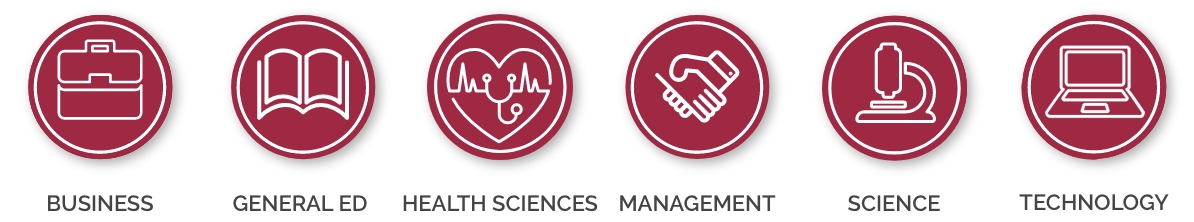 Group of icons mean to represent Business, General Ed, Health Sciences, Management, Science, and Technology