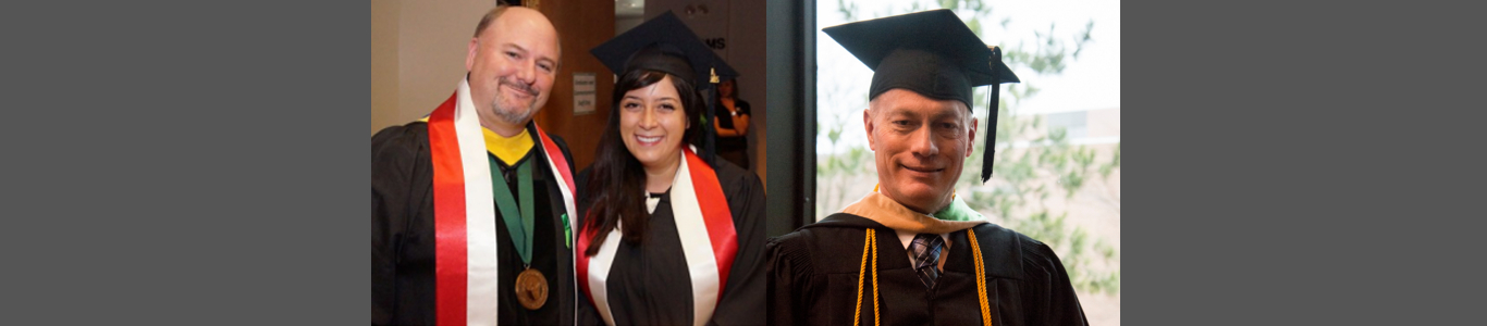 Two graduation photos side-by-side. One shows Alexandria Skoch standing with Dr. John Katers, while the other photo includes Ken Holdorf