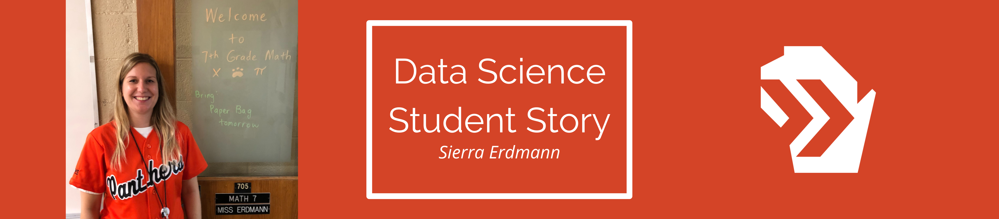 Graphic with a photo of UW Data Science student Sierra Erdmann, who works as a data analyst.