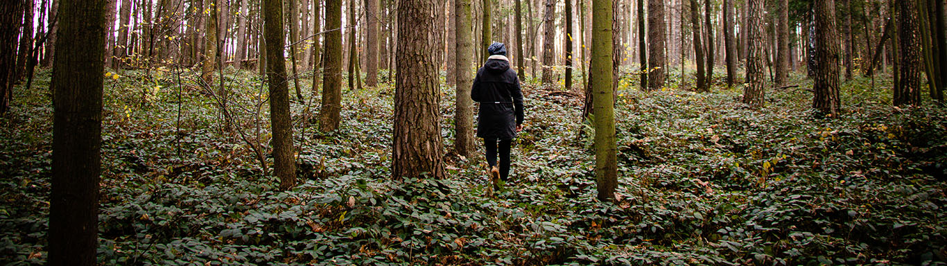 young woman wearing winter clothes hiking through a forest