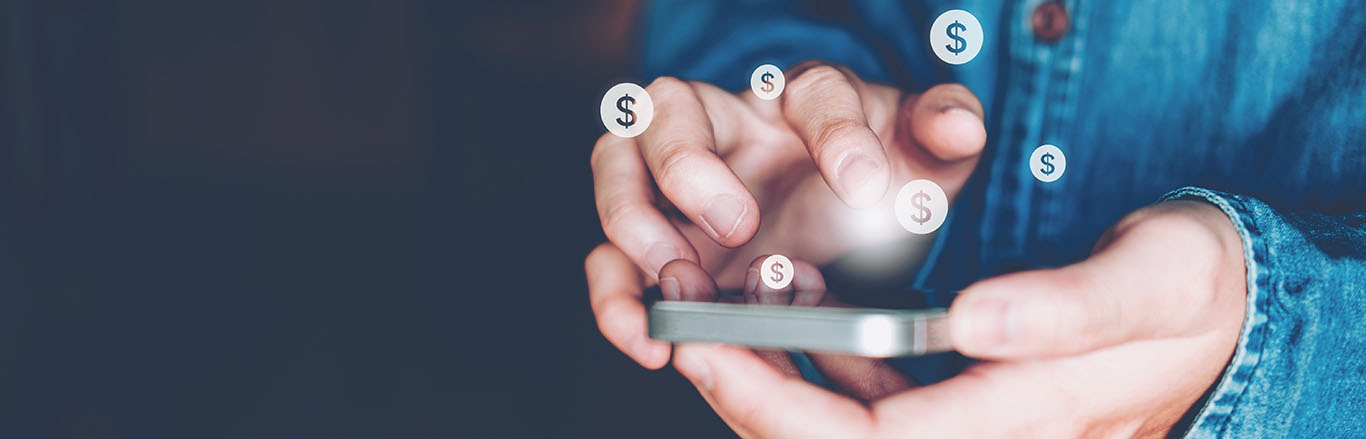 person using a mobile phone with dollar signs in the foreground