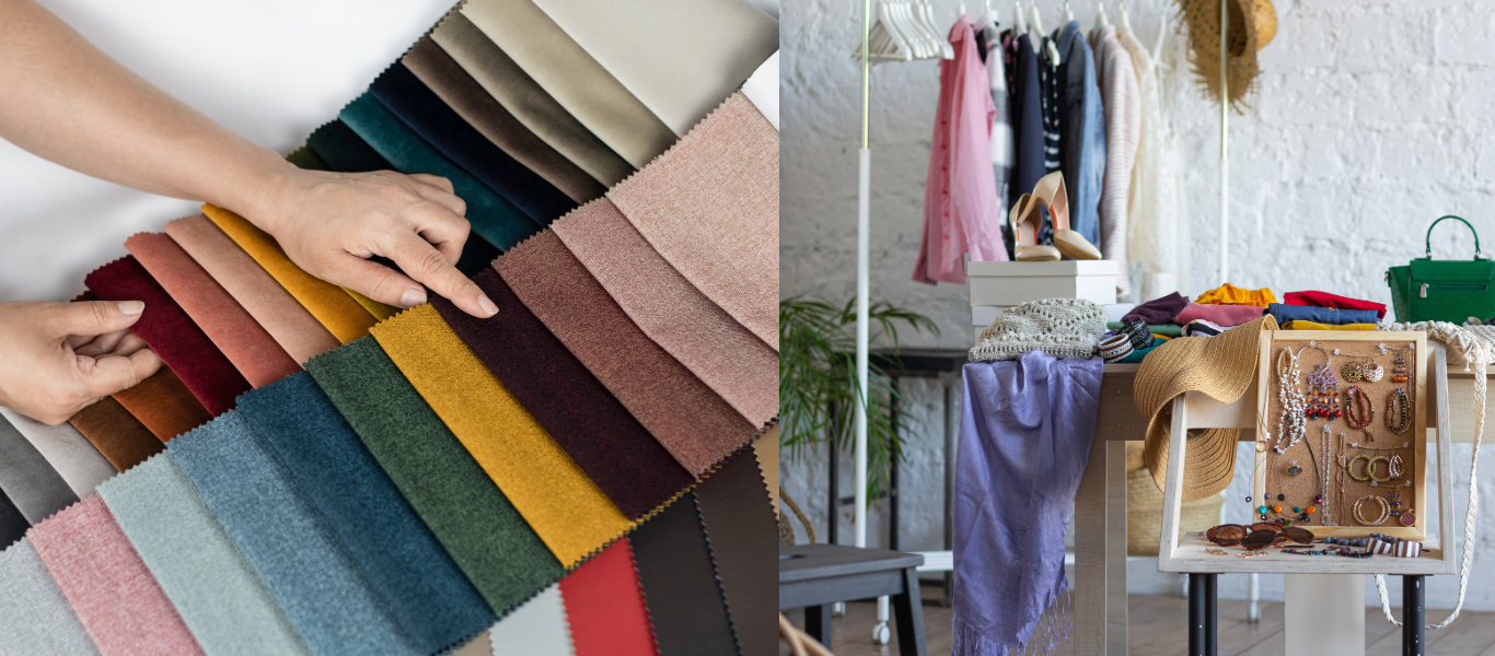 clothing designer swatching fabrics and a photo of a room full of clothing and accessories
