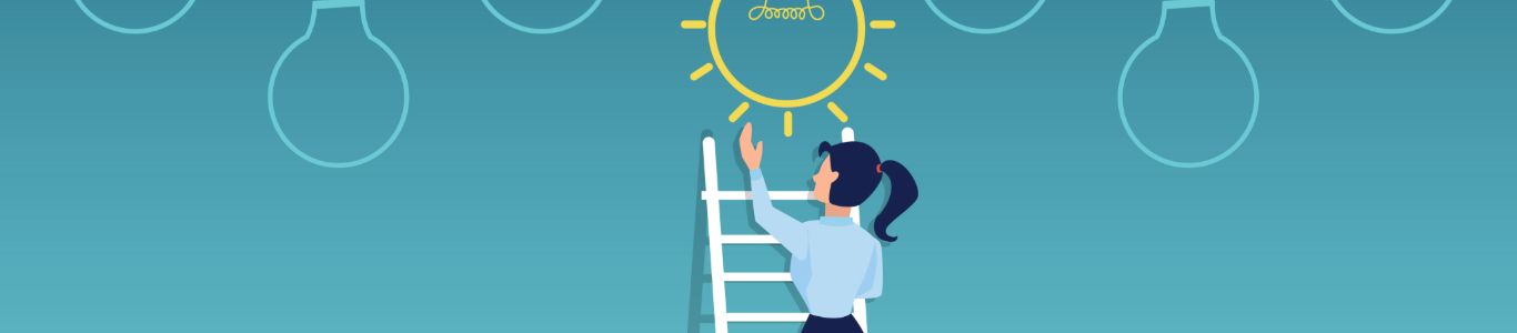woman climbing up ladder grabbing a lightbulb