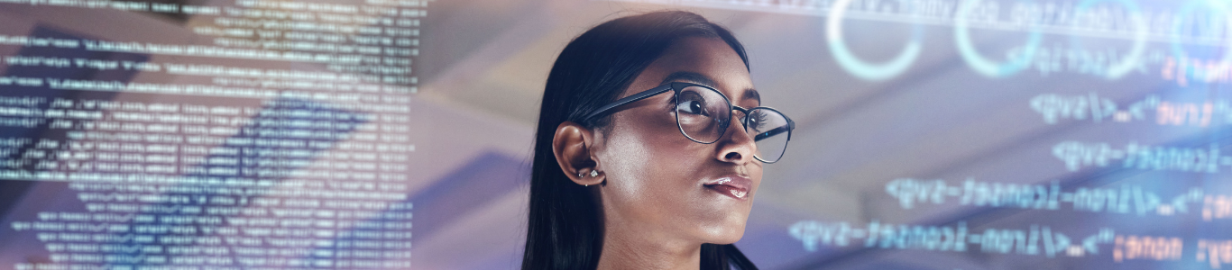 Photo of woman on tablet thinking of data analytics as software coding appears in the foreground
